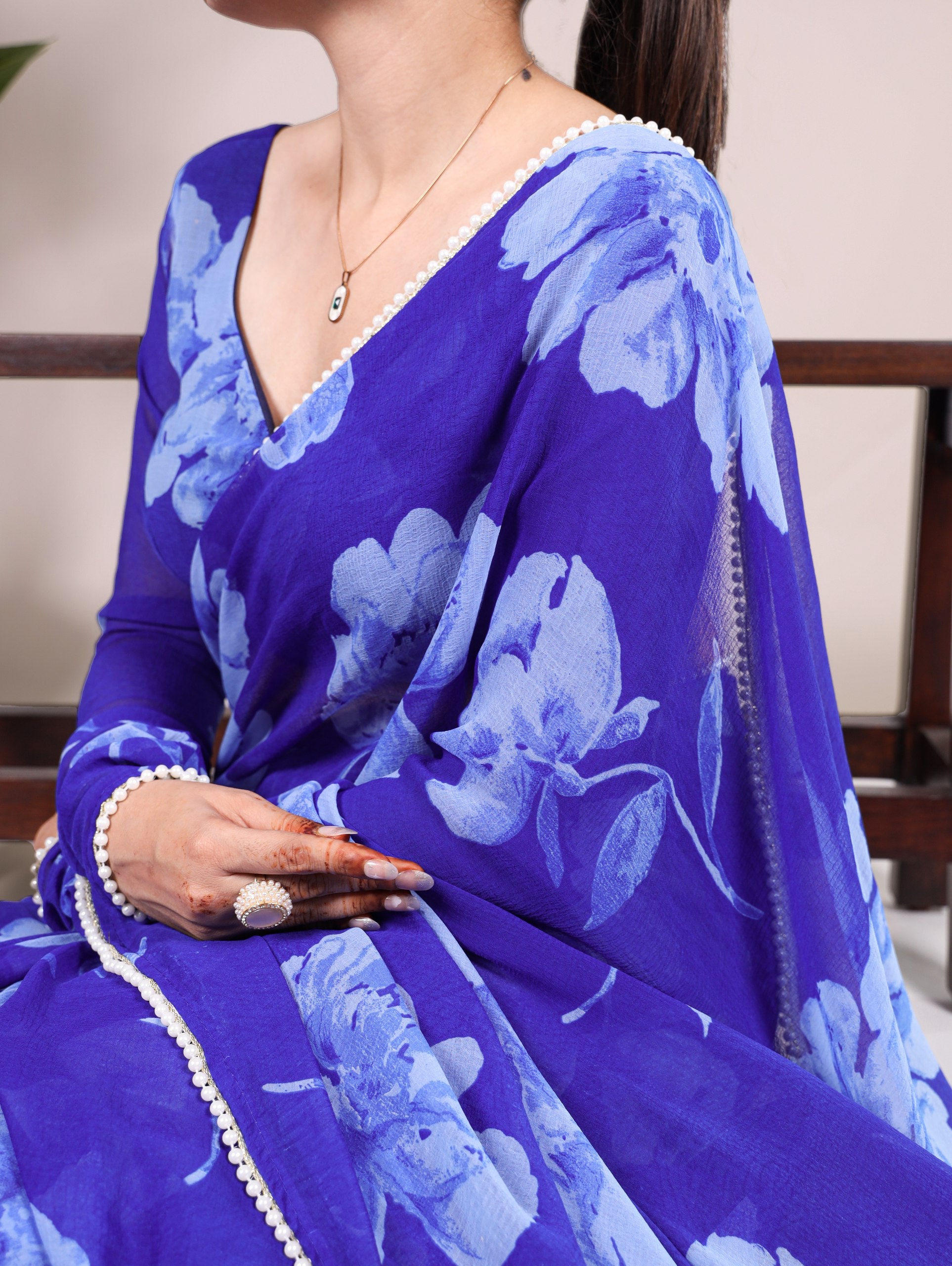 Blue Delicate Blooms Chiffon Saree with Floral Print and Pearl Lace Border