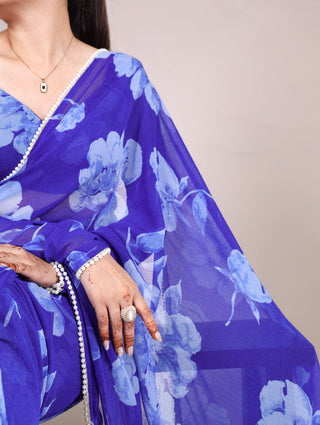 Blue Delicate Blooms Chiffon Saree with Floral Print and Pearl Lace Border