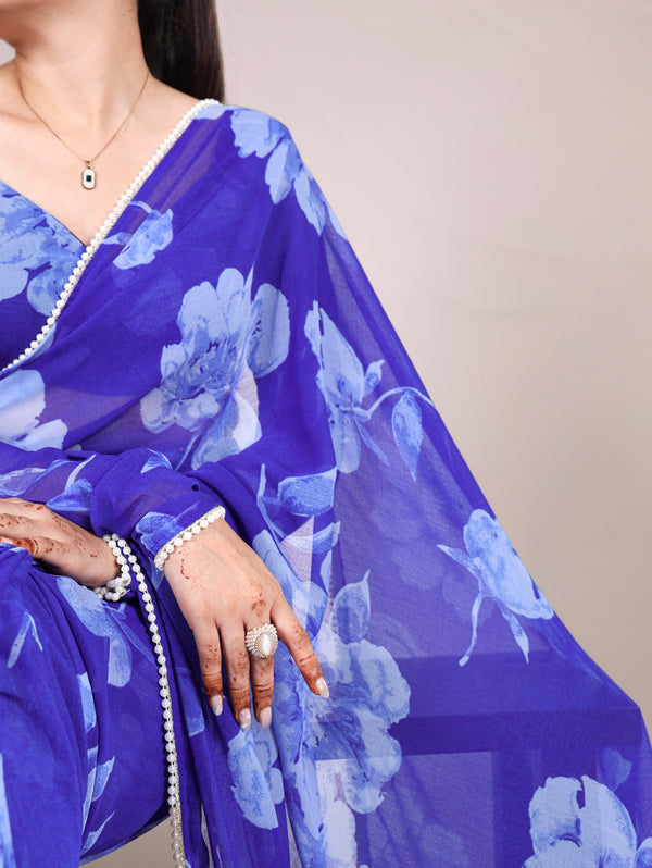 Blue Delicate Blooms Chiffon Saree with Floral Print and Pearl Lace Border