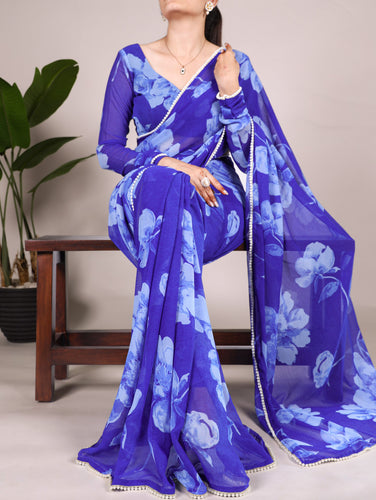 Blue Delicate Blooms Chiffon Saree with Floral Print and Pearl Lace Border