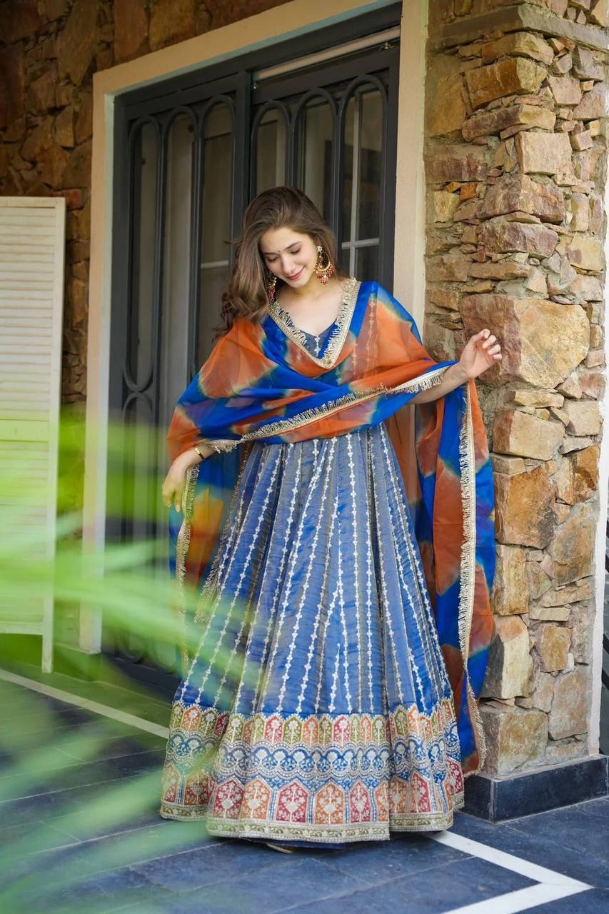 Blue Designer Digital Printed Jimmy Organza Anarkali Gown with Dupatta – Padded, Huge Flair ClothsVilla