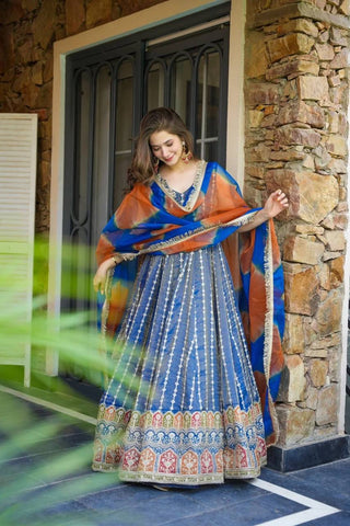 Blue Designer Digital Printed Jimmy Organza Anarkali Gown with Dupatta – Padded, Huge Flair ClothsVilla
