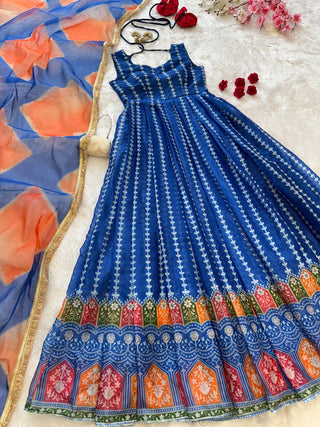 Blue Designer Digital Printed Jimmy Organza Anarkali Gown with Dupatta – Padded, Huge Flair ClothsVilla