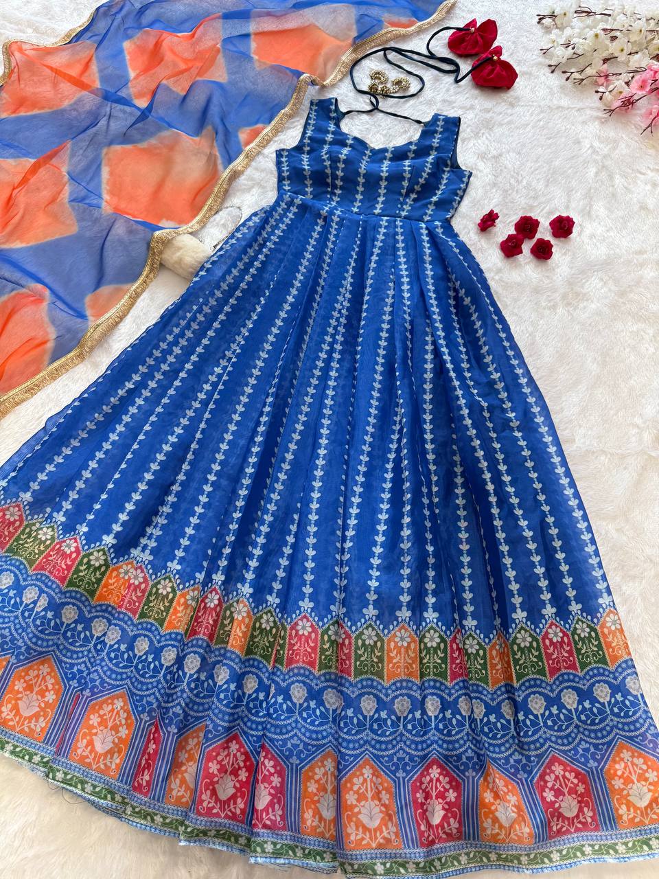Blue Designer Digital Printed Jimmy Organza Anarkali Gown with Dupatta – Padded, Huge Flair ClothsVilla