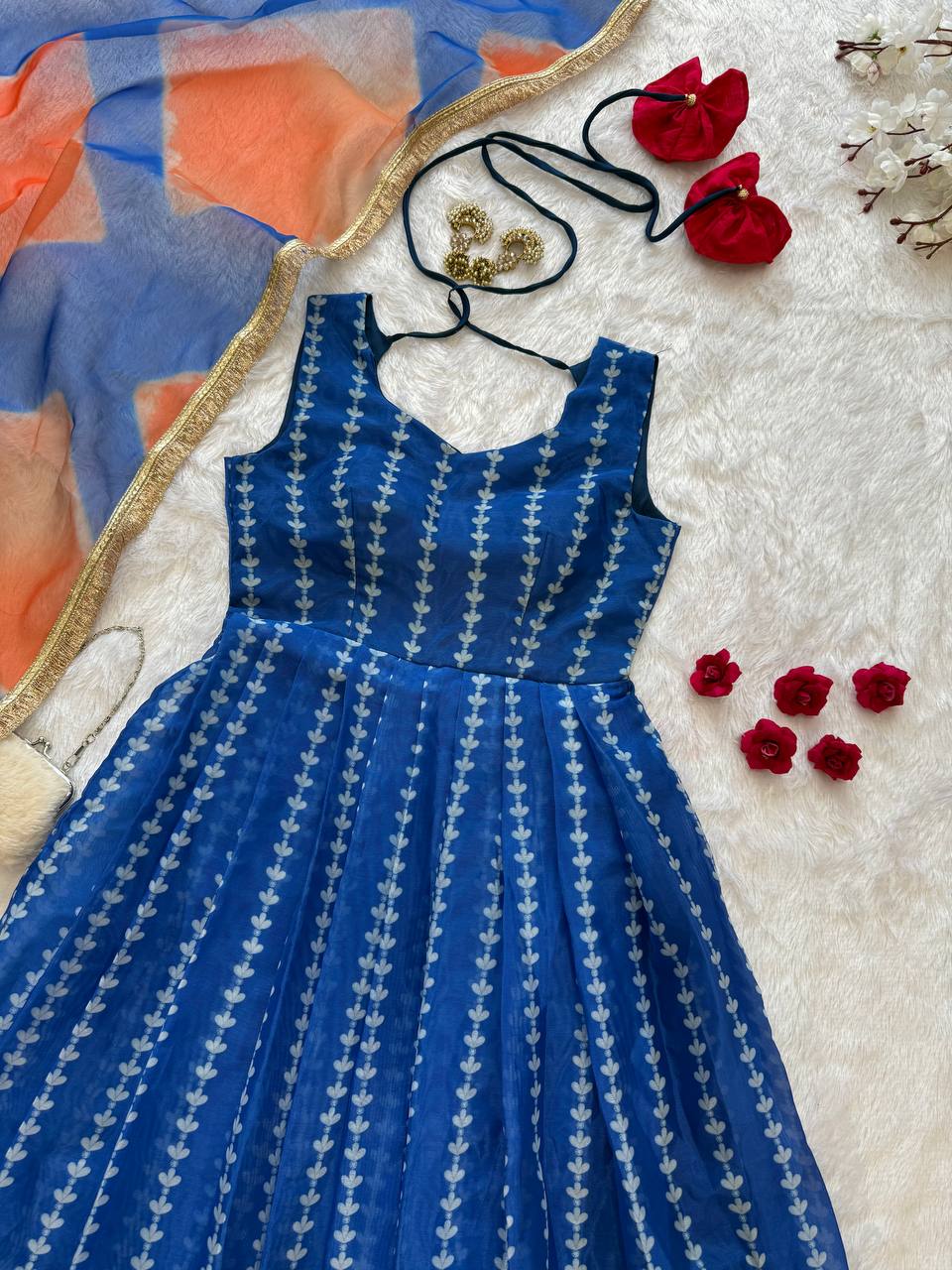 Blue Designer Digital Printed Jimmy Organza Anarkali Gown with Dupatta – Padded, Huge Flair ClothsVilla