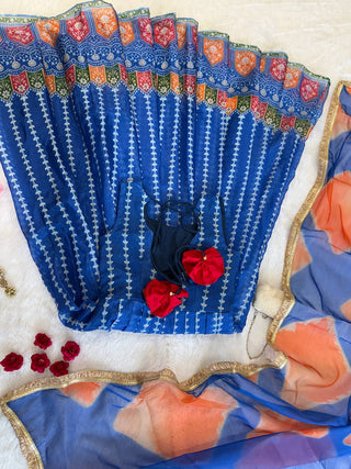 Blue Designer Digital Printed Jimmy Organza Anarkali Gown with Dupatta – Padded, Huge Flair ClothsVilla