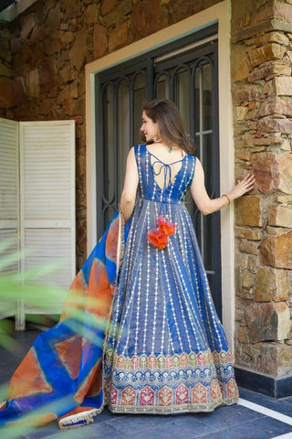 Blue Designer Digital Printed Jimmy Organza Anarkali Gown with Dupatta – Padded, Huge Flair ClothsVilla