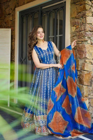 Blue Designer Digital Printed Jimmy Organza Anarkali Gown with Dupatta – Padded, Huge Flair ClothsVilla