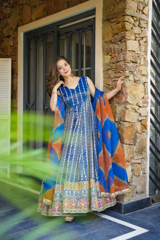 Blue Designer Digital Printed Jimmy Organza Anarkali Gown with Dupatta – Padded, Huge Flair ClothsVilla