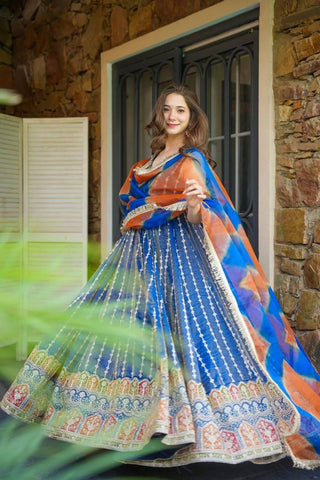 Blue Designer Digital Printed Jimmy Organza Anarkali Gown with Dupatta – Padded, Huge Flair ClothsVilla