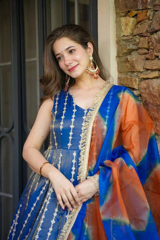 Blue Designer Digital Printed Jimmy Organza Anarkali Gown with Dupatta – Padded, Huge Flair ClothsVilla