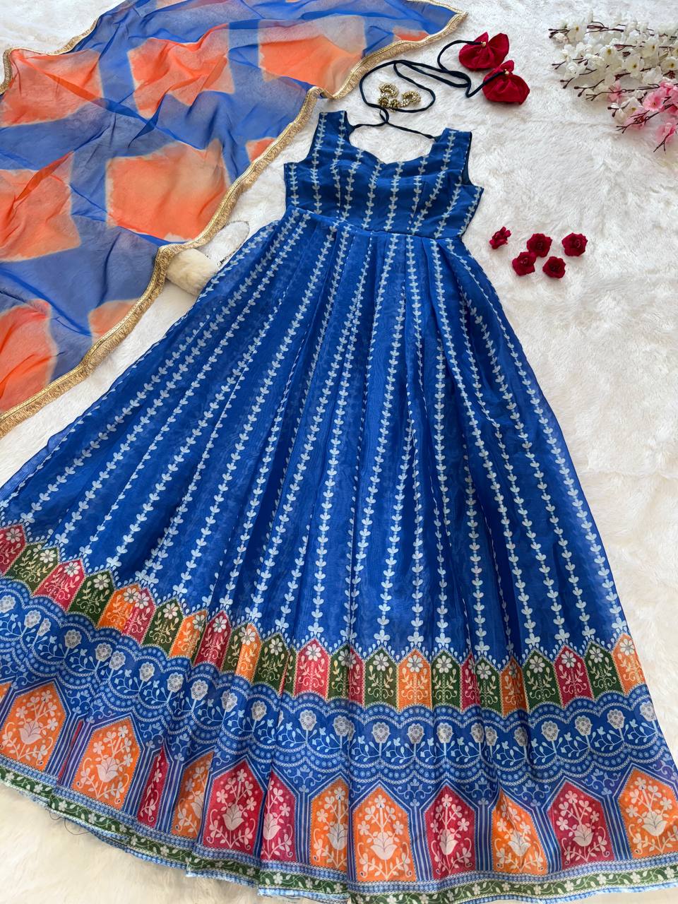 Blue Designer Digital Printed Jimmy Organza Anarkali Gown with Dupatta – Padded, Huge Flair ClothsVilla