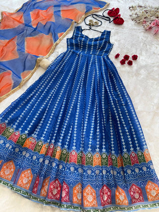 Blue Designer Digital Printed Jimmy Organza Anarkali Gown with Dupatta – Padded, Huge Flair ClothsVilla