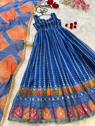 Blue Designer Digital Printed Jimmy Organza Anarkali Gown with Dupatta – Padded, Huge Flair ClothsVilla