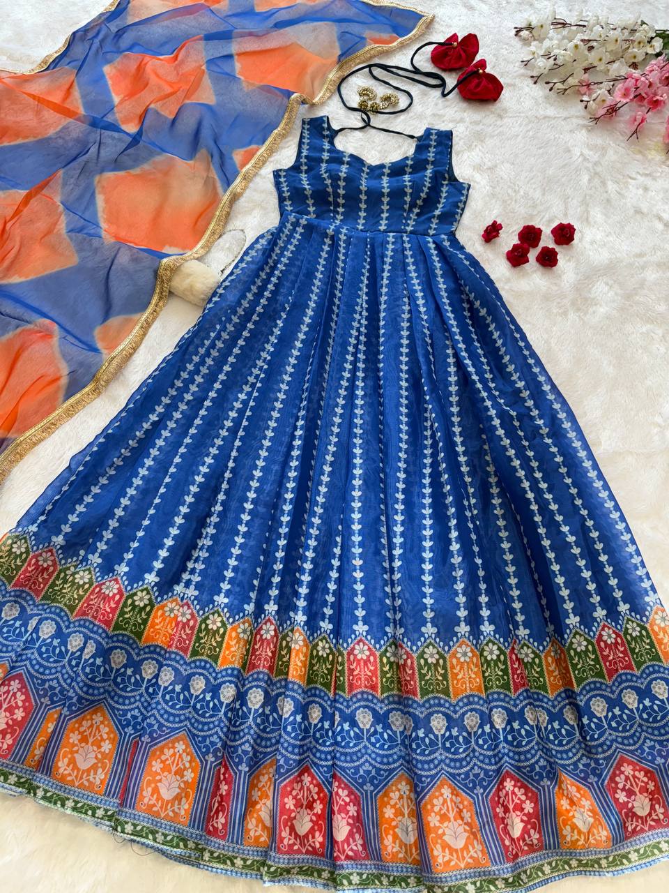 Blue Designer Digital Printed Jimmy Organza Anarkali Gown with Dupatta – Padded, Huge Flair ClothsVilla