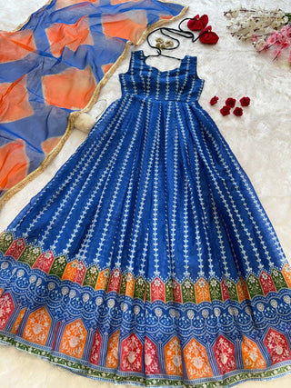 Blue Designer Digital Printed Jimmy Organza Anarkali Gown with Dupatta – Padded, Huge Flair ClothsVilla