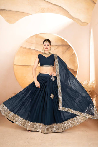 Blue Designer Dyeable Faux Blooming Lehenga Choli with 7mm Sequins Embroidery & Lace-Border Dupatta ClothsVilla