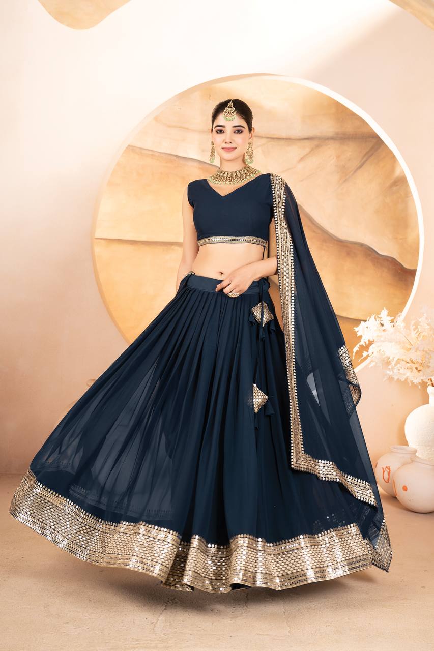 Blue Designer Dyeable Faux Blooming Lehenga Choli with 7mm Sequins Embroidery & Lace-Border Dupatta ClothsVilla