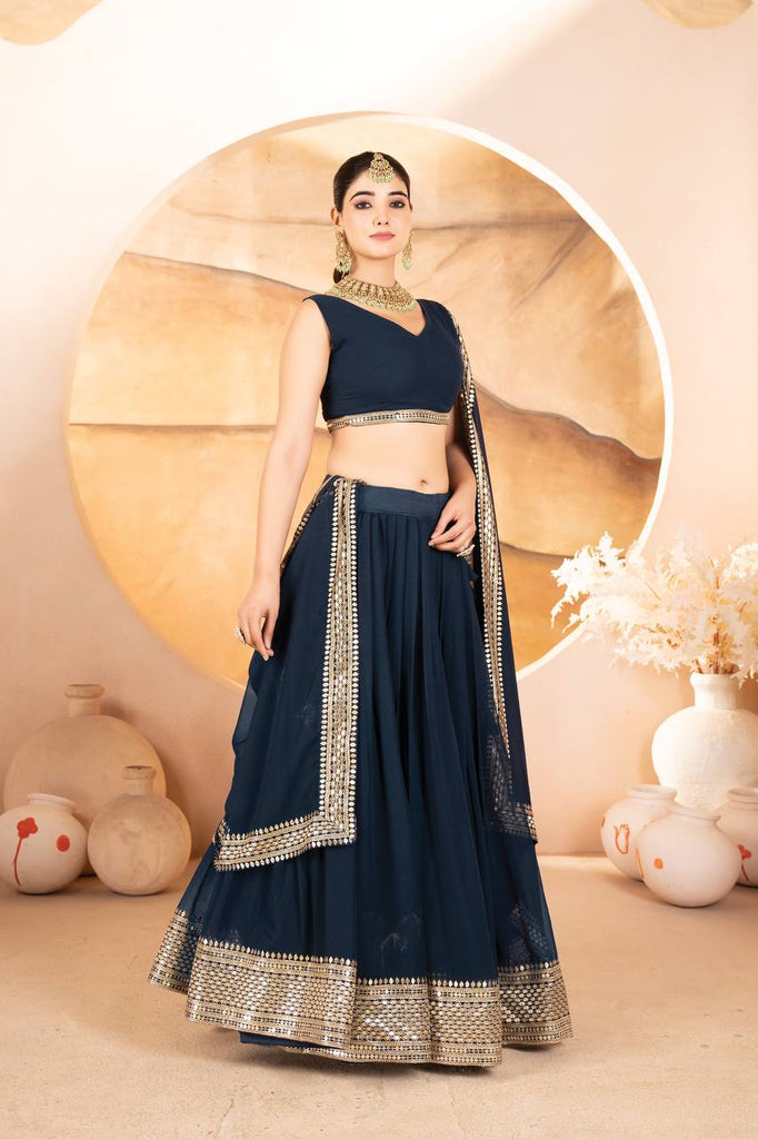 Blue Designer Dyeable Faux Blooming Lehenga Choli with 7mm Sequins Embroidery & Lace-Border Dupatta ClothsVilla
