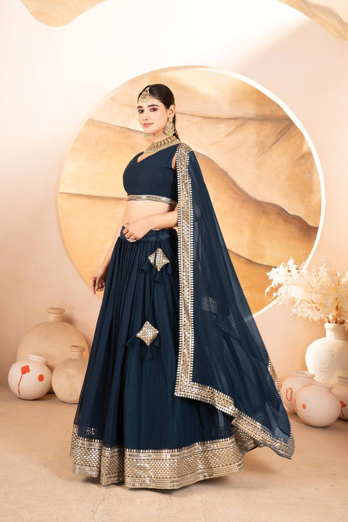 Blue Designer Dyeable Faux Blooming Lehenga Choli with 7mm Sequins Embroidery & Lace-Border Dupatta ClothsVilla