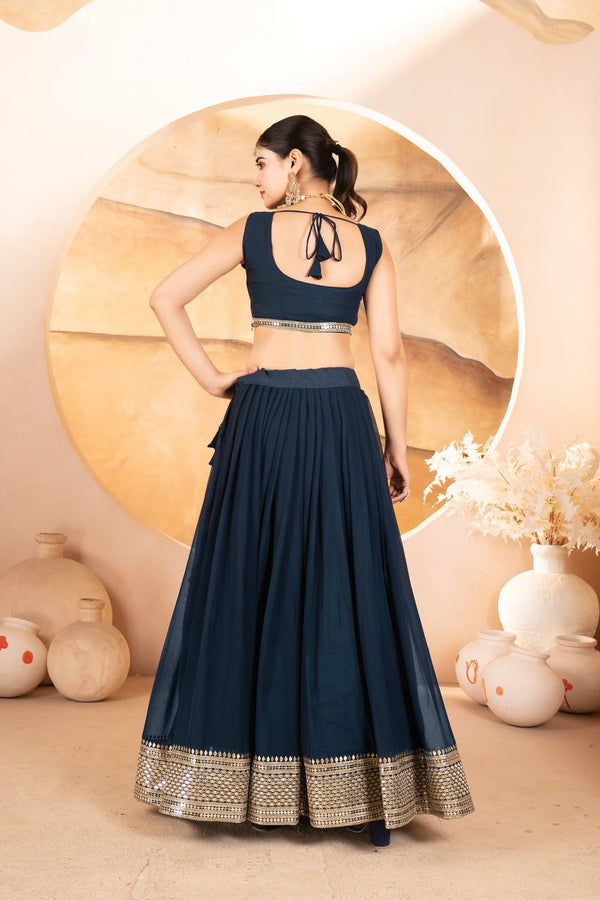 Blue Designer Dyeable Faux Blooming Lehenga Choli with 7mm Sequins Embroidery & Lace-Border Dupatta ClothsVilla