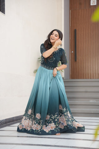 Blue Designer Faux Blooming Gown with Bead Embroidery & Digital Floral Print ClothsVilla