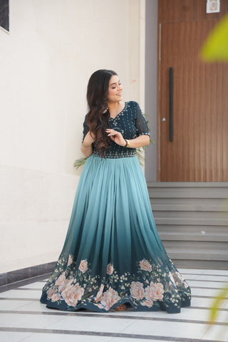 Blue Designer Faux Blooming Gown with Bead Embroidery & Digital Floral Print ClothsVilla