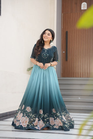 Blue Designer Faux Blooming Gown with Bead Embroidery & Digital Floral Print ClothsVilla