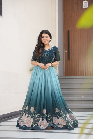 Blue Designer Faux Blooming Gown with Bead Embroidery & Digital Floral Print ClothsVilla