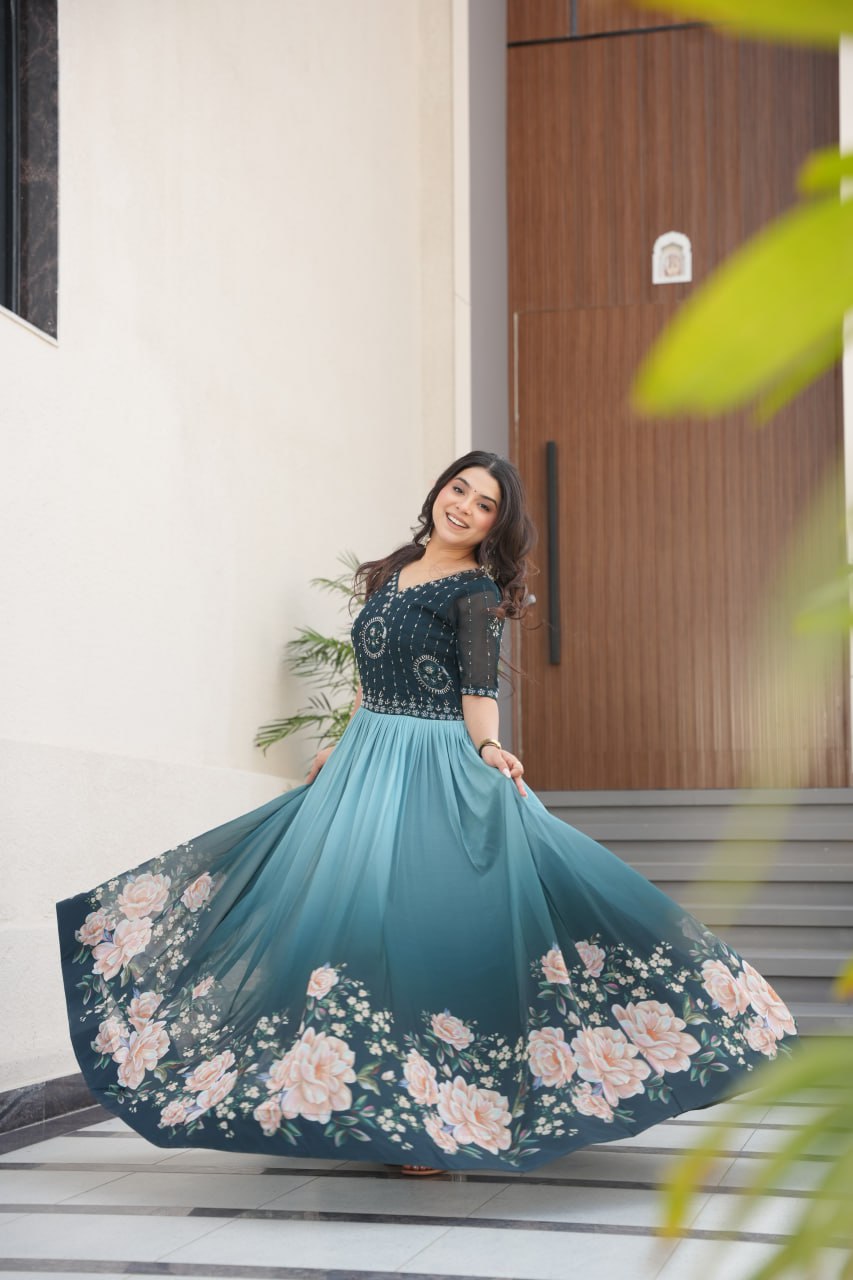 Blue Designer Faux Blooming Gown with Bead Embroidery & Digital Floral Print ClothsVilla