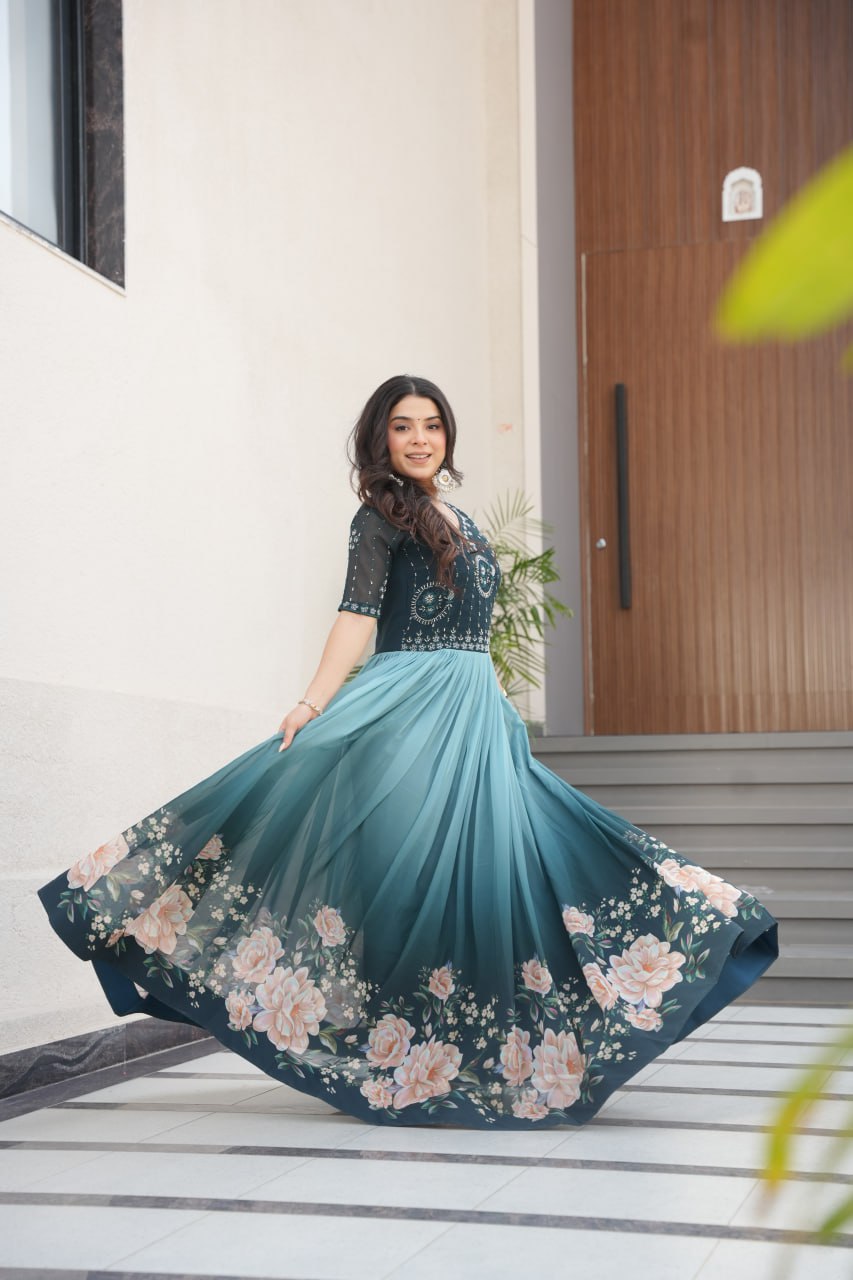 Blue Designer Faux Blooming Gown with Bead Embroidery & Digital Floral Print ClothsVilla
