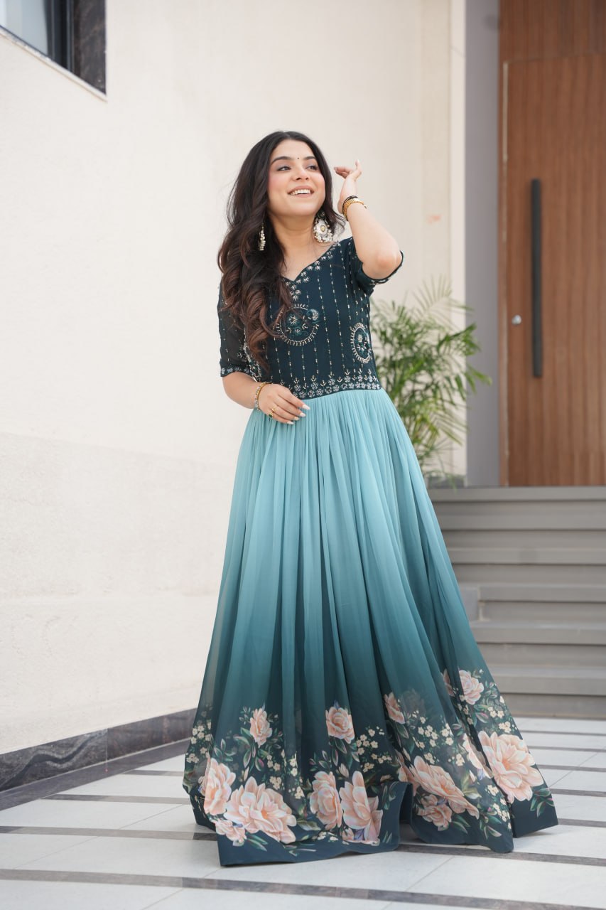 Blue Designer Faux Blooming Gown with Bead Embroidery & Digital Floral Print ClothsVilla