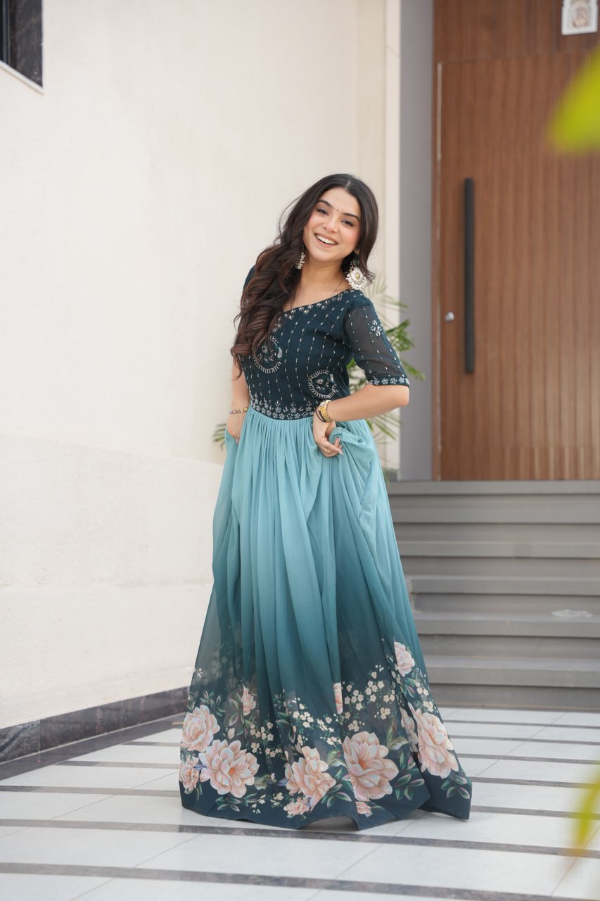Blue Designer Faux Blooming Gown with Bead Embroidery & Digital Floral Print ClothsVilla