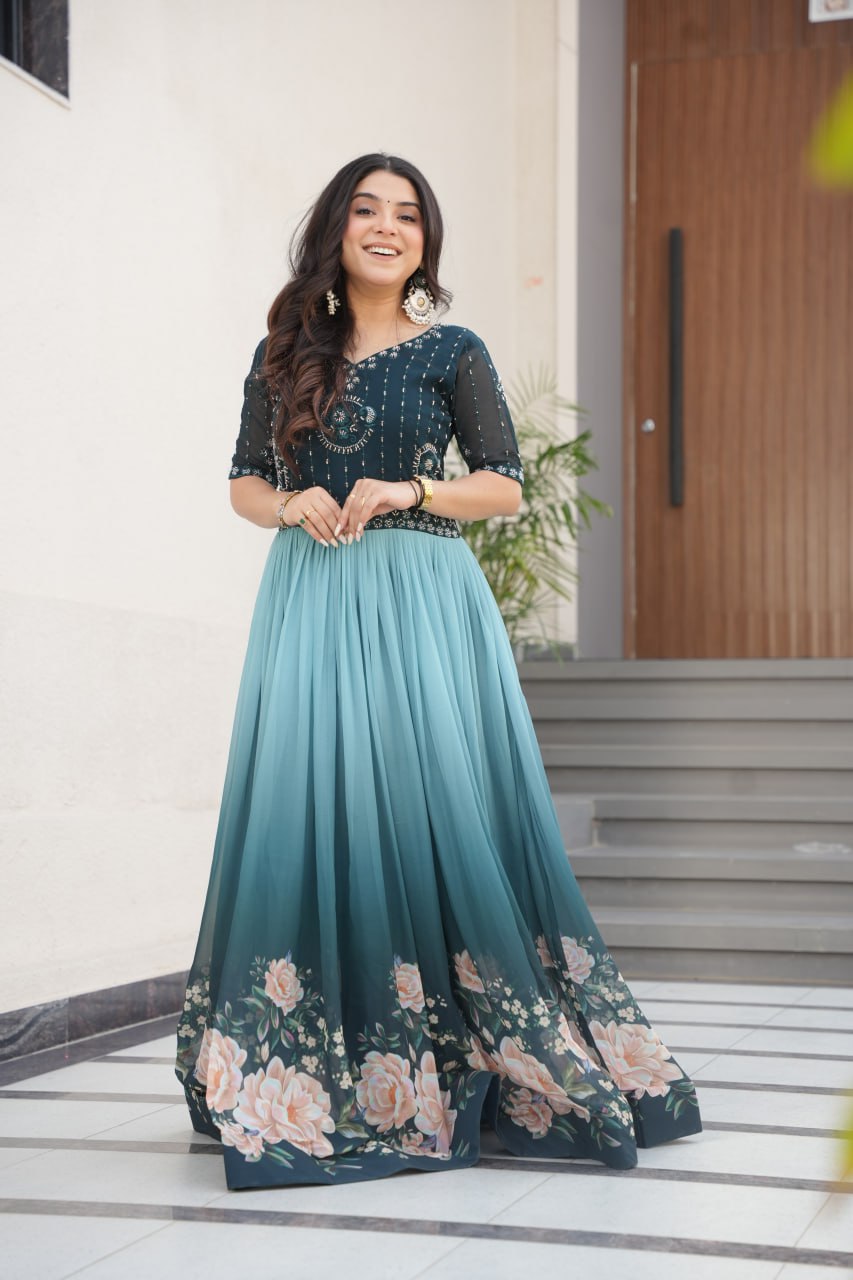 Blue Designer Faux Blooming Gown with Bead Embroidery & Digital Floral Print ClothsVilla