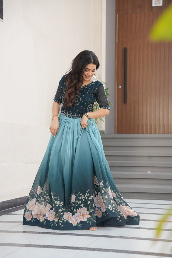Blue Designer Faux Blooming Gown with Bead Embroidery & Digital Floral Print ClothsVilla
