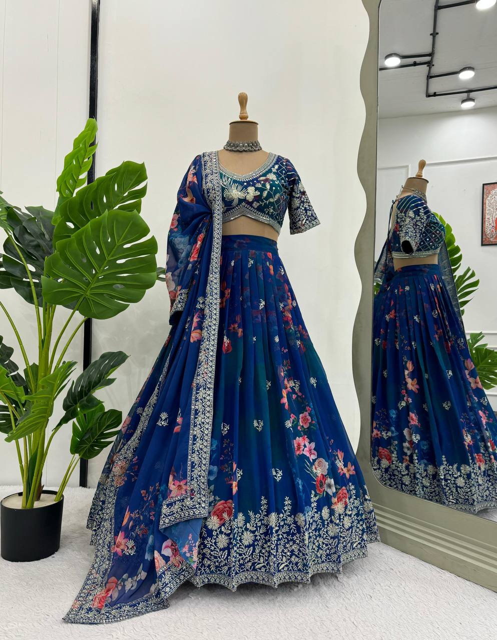 Blue Designer Faux Georgette Digital Print Lehenga Set with Thread & Sequin Embroidery ClothsVilla