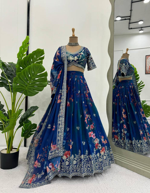 Blue Designer Faux Georgette Digital Print Lehenga Set with Thread & Sequin Embroidery ClothsVilla