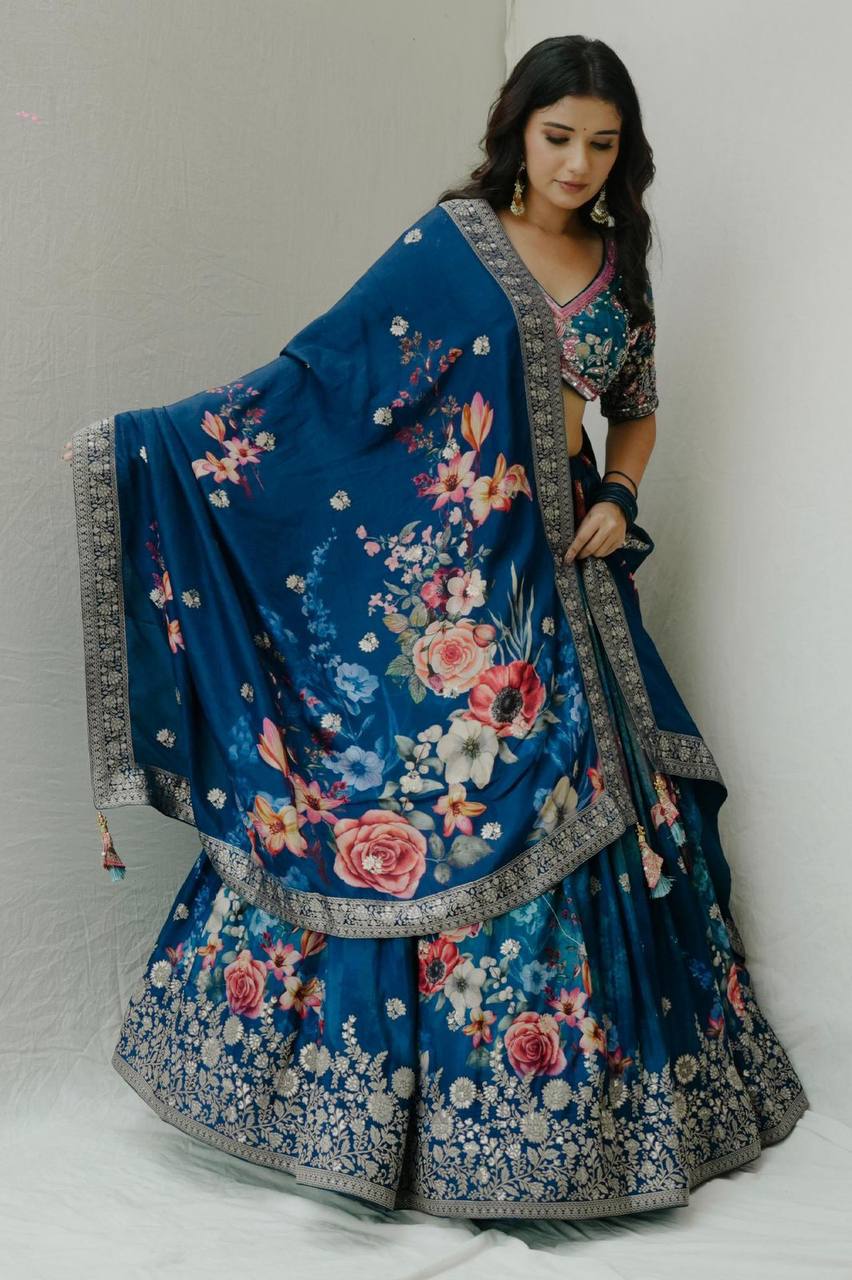 Blue Designer Faux Georgette Digital Print Lehenga Set with Thread & Sequin Embroidery ClothsVilla