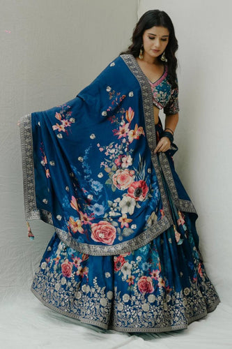 Blue Designer Faux Georgette Digital Print Lehenga Set with Thread & Sequin Embroidery ClothsVilla