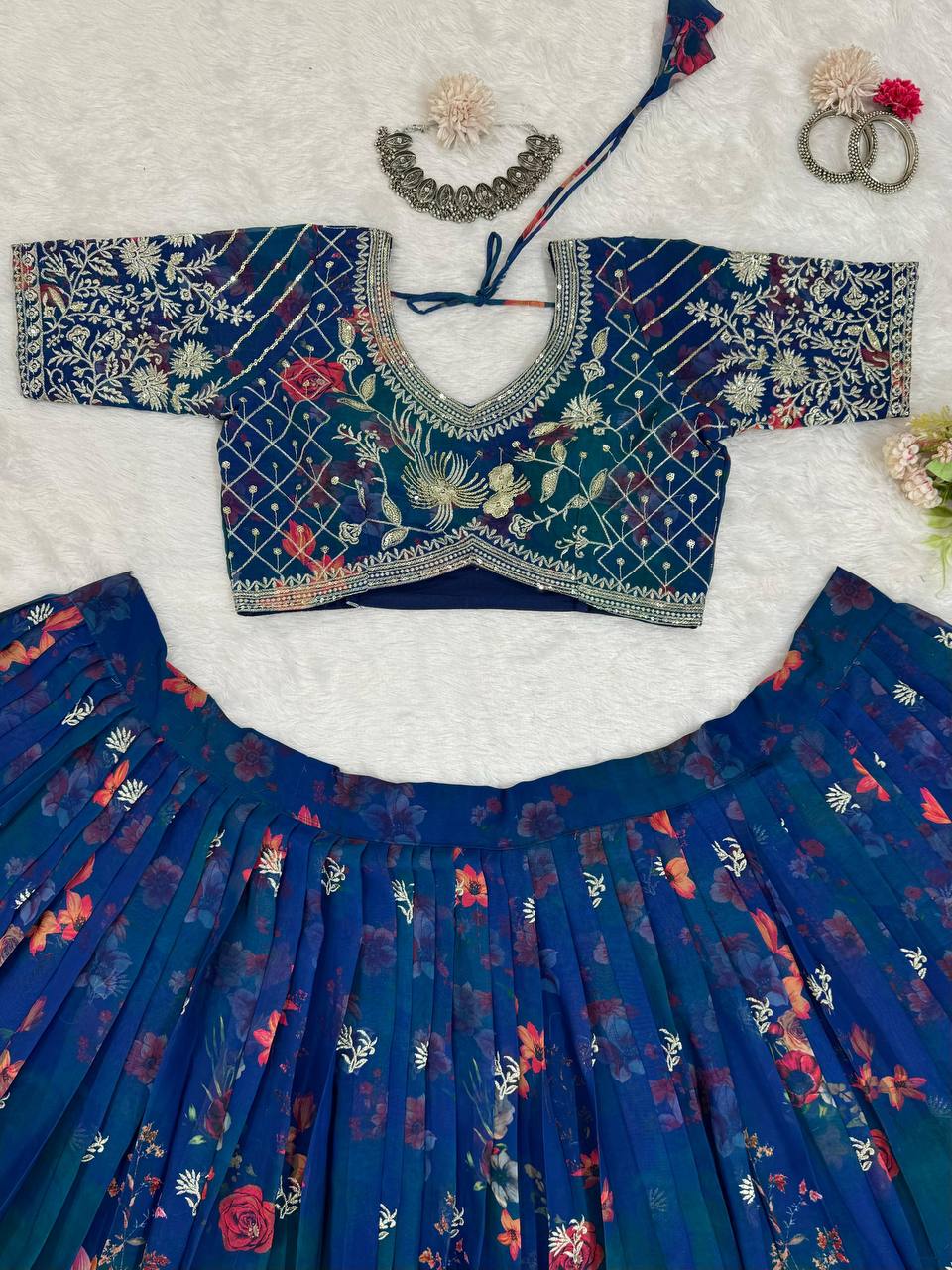 Blue Designer Faux Georgette Digital Print Lehenga Set with Thread & Sequin Embroidery ClothsVilla