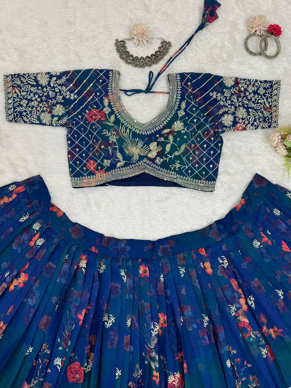 Blue Designer Faux Georgette Digital Print Lehenga Set with Thread & Sequin Embroidery ClothsVilla