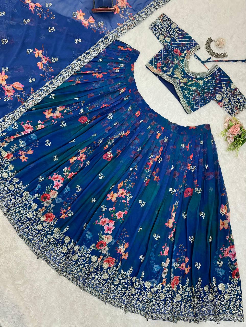 Blue Designer Faux Georgette Digital Print Lehenga Set with Thread & Sequin Embroidery ClothsVilla