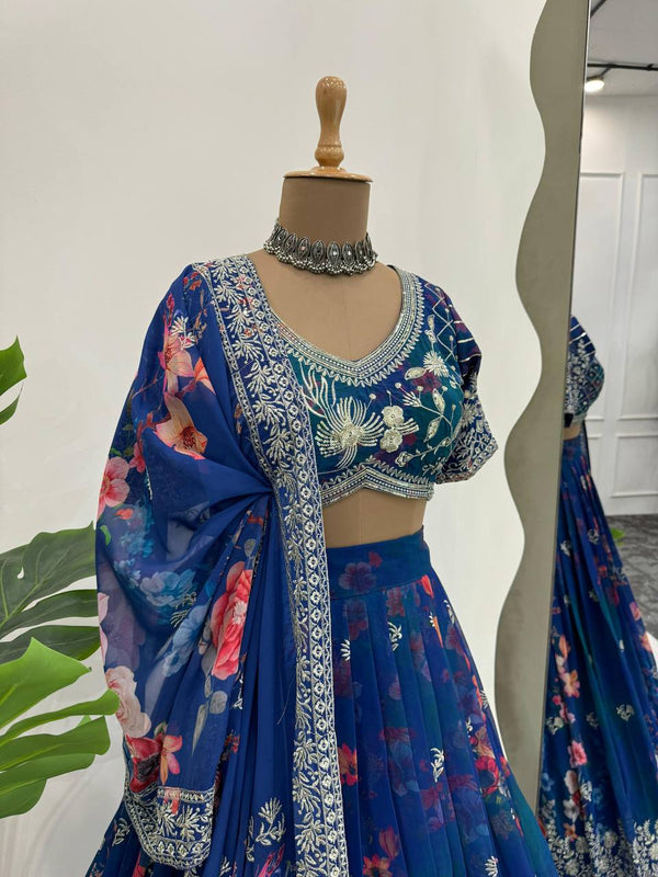 Blue Designer Faux Georgette Digital Print Lehenga Set with Thread & Sequin Embroidery ClothsVilla