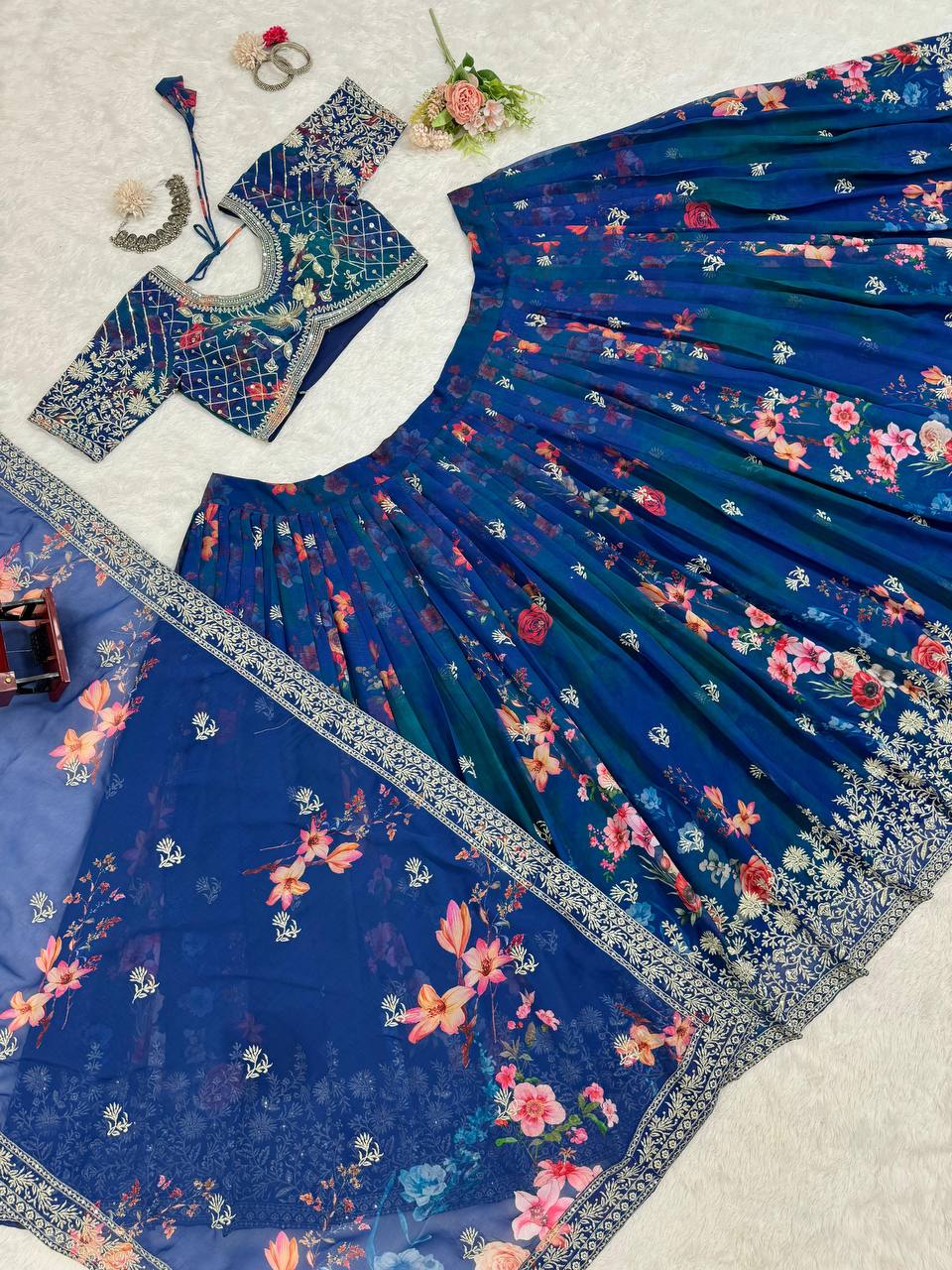 Blue Designer Faux Georgette Digital Print Lehenga Set with Thread & Sequin Embroidery ClothsVilla