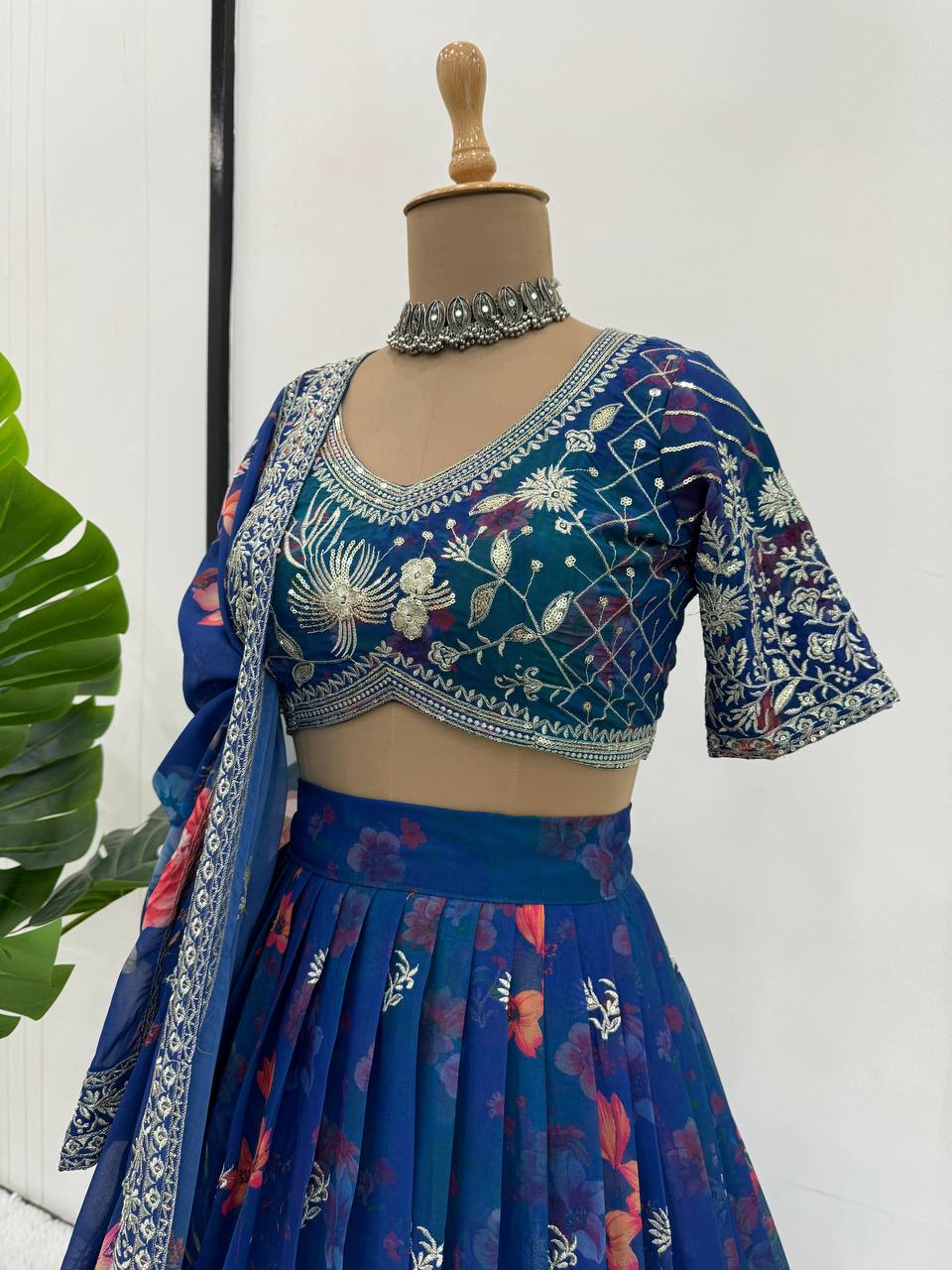 Blue Designer Faux Georgette Digital Print Lehenga Set with Thread & Sequin Embroidery ClothsVilla