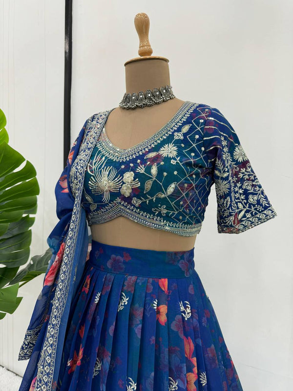 Blue Designer Faux Georgette Digital Print Lehenga Set with Thread & Sequin Embroidery ClothsVilla