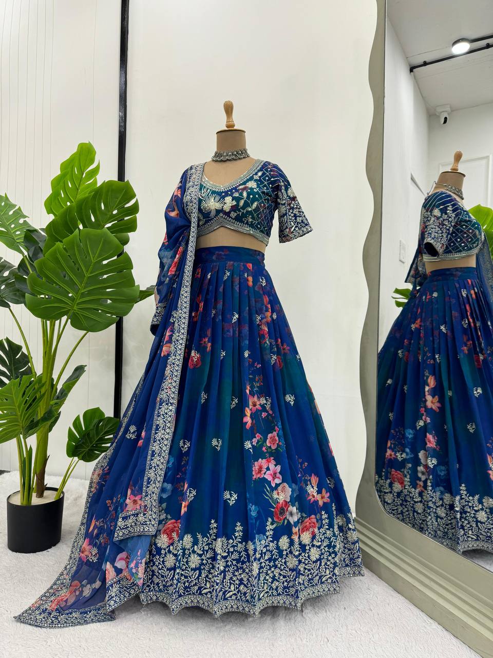 Blue Designer Faux Georgette Digital Print Lehenga Set with Thread & Sequin Embroidery ClothsVilla