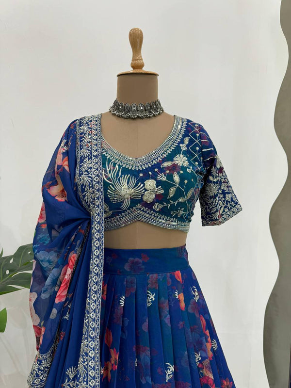 Blue Designer Faux Georgette Digital Print Lehenga Set with Thread & Sequin Embroidery ClothsVilla