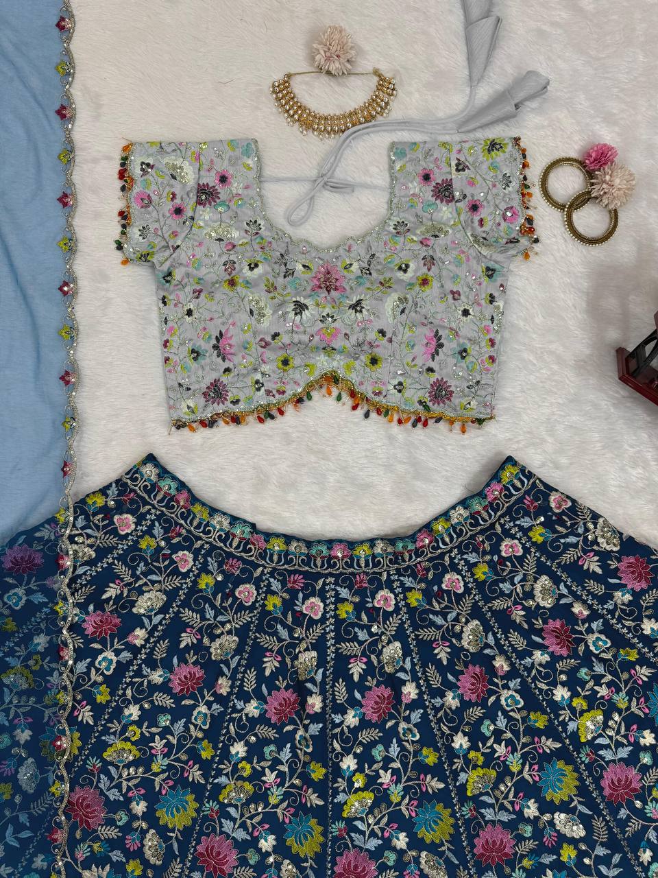 Blue Designer Faux Georgette Semi-Stitched Lehenga Choli Set with Sequin Embroidery & Fancy Latkan Work ClothsVilla