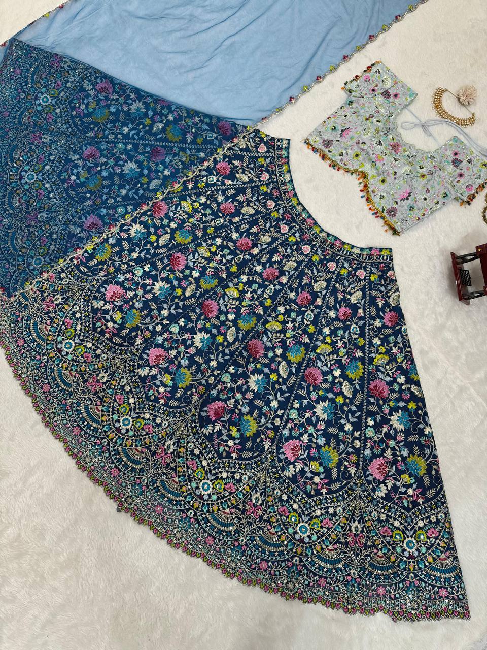 Blue Designer Faux Georgette Semi-Stitched Lehenga Choli Set with Sequin Embroidery & Fancy Latkan Work ClothsVilla